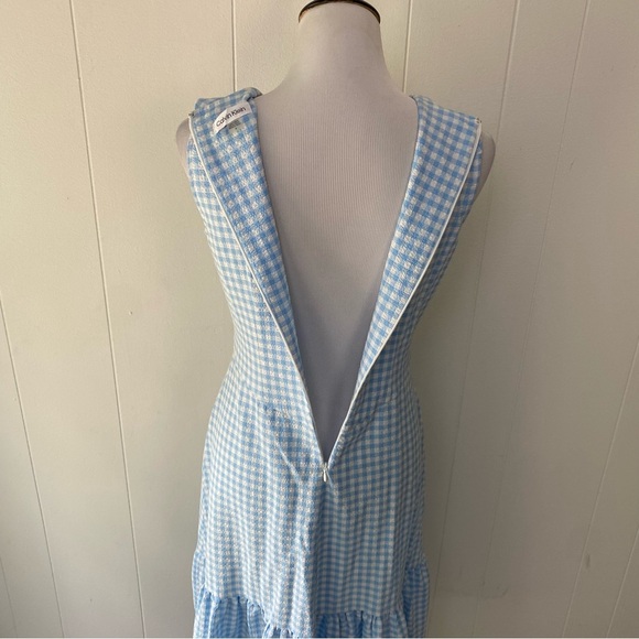 Calvin Kleins sleeveless dress with side pleated ruffle Sz 4 Blue White Gingham - Picture 8 of 15
